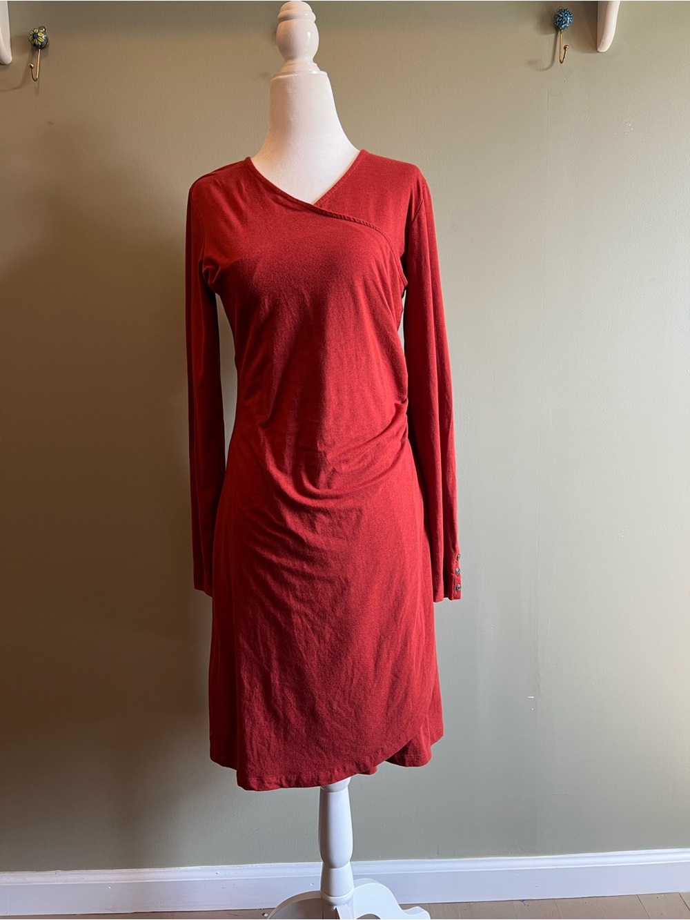 KÜHL Women's Long-Sleeve Red Rust Faux Wrap Long Sleeve Jersey Dress